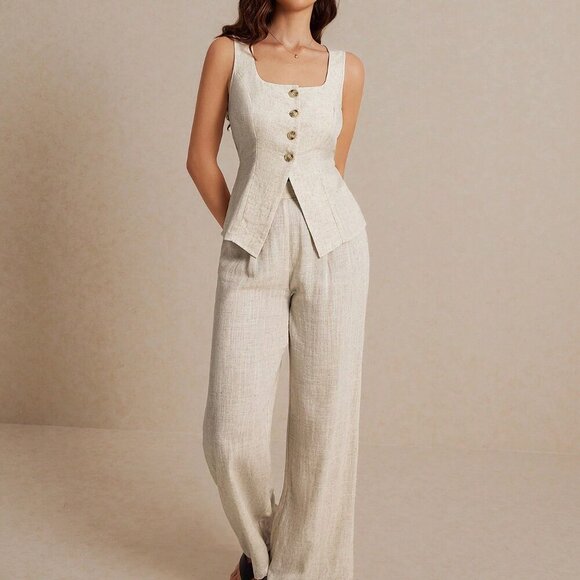 Khaki Casual Women's Summer Linen Color Linen Suit Vest Two-Piece Set - Picture 4 of 7